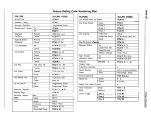 Page 230Feature Dialing Code Numbering Plan
FEATURE
DIALING CODES
All Call PageITCM 87
Attendant Calling
Automatic RedialingBackground Music On
off
ITCM 0
Programmed Button
ITCM t 1
ITCM # 1
Automatic
Call BackActivate
CancelITCM, Ext., 
t, 8
ITCM # 8
Station-to-Station
MessagingActivate
CancelITCM, Ext., 
t 7
ITCM, # 7, Ext.
LCD Messaging
ISetI ~~~~ITCM * 02 (1 - 0)I
I Cancelt lTCM#92I
Call ForwardPersonal
Cancel
All CallsITCM t 05, Ext.
ITCM # 05
ITCM +K 5. Ext.
I Cancel1 
lTCM#5I
Call ParkIPark Orbits...