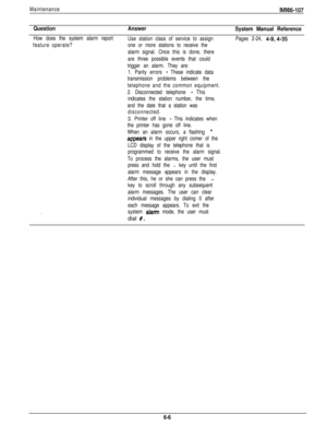Page 243MaintenancelMl66-107
Question
How does the system alarm report
feature operate?
Answer
Use station class of service to assign
one or more stations to receive the
alarm signal. Once this is done, there
are three possible events that could
trigger an alarm. They are:
1. Parity errors 
- These indicate data
transmission problems between the
telephone and the common equipment.
2. Disconnected telephone 
- This
indicates the station number, the time,
and the date that a station was
disconnected.
System Manual...
