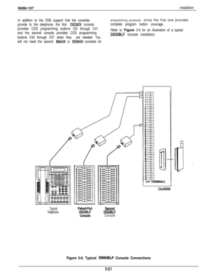 Page 70IMl66-107installation
In addition to the DSS support that the consoles
programming purposes since the first one provides
provide to the telephone, the first 
DD32X consolecomplete program button coverage.
provides COS programming buttons Cl0 through C41
and the second console provides COS programmingRefer to 
Figure 3-6 for an illustration of a typical
buttons C42 through C57 when they are needed. You
DSWBLF console installation.
will not need the second 
IB64X or XD64X consoles for
Typical...