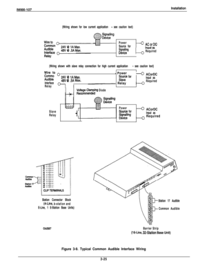 Page 74IM166-107Installation
(Wiring shown for low current application - see caution text)
Power
Source for
- AGorY,.....a+ .-,J”
Signallingl-0
IllpuL as
bvimRequiredw-.,1-I
(Wiring shown with slave relay connection for high current application - see caution text)Wire to 
o
EE:
- Power
24V Q lAMax.%tF for
4 ACorDC
48V 0.5A Max.Input as
Interface
-II- RelayRequired
Relay
VcltaKmta;ng Diode
Slave
RelayPower
Syrc~ for4 ACorDC
;;wtwInput asRequired
,
Station Connector Block
(4-Line, b-station and
E-Line, 1...