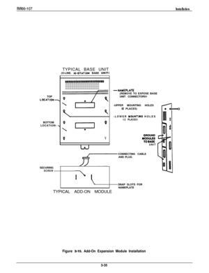 Page 84IM166-107InstallationTYPICAL BASE UNIT
(O-LINE. 
IC-STATION BABE UNITITOP
LOCATION-BOTTOM
LOCATION-
i~ii~~~~~iiiioiilli~~i~~~~i~ii~i111111111111111111111111111111111
111111111111111111111111111111111
111111111111111111111111111111111
:
B
to *.
0V
-NAUEPLATE(REMOVE TO EXPOSE BASE
UNIT CONNECTORS1
-UPPER MOUNTING HOLES
I2 PLACES)
-LOWER 
YOUNTING HOLES12 PLACES1
TOBASEUNIT
rSECURING
SCREWCONNECTING CABLE
AND PLUG
LSNAP SLOTS FOR
NAMEPLATE
TYPICAL ADD-ON MODULE
-A=a
Figure 3-15. Add-On Expansion Module...