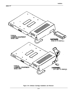 Page 86IMl66-107
installationTYPICAL
COMMON EQUIPMENT
BASE UNIT
CARTRIDGE(PUSH IN TO INSTALL)
TYPICAL
COMMON EQUIPMENT
BASE 
UNITCARTRIDGE(LIFT CIUT TO REMOVE)
Figure 3-16. Software Cartridge Installation and Removal
3-37 