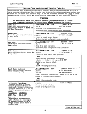 Page 95System ProgramingIMl66-107
Master Clear and Class Of Service Defaults
Not on/y does the master clear procedure return ALL programmed variables to a known
stateof 
ooeration.it also clears all currently stored autodial and speed dial numbers.
Aaster Clearl.PresslTCMDial##7466“CONFIG. MODE”.
qetums entire system configuration toactory settings and clears all stomd auto2. Dial 90“MASTER CLEAR :
u?d speed dial numbers.3. Dial 5 1 6 8 4 to clear the entire system.
System returns to normal operation mode...