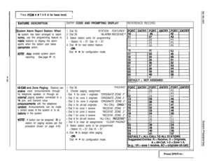 Page 101IPress ITCM +# # 7 4 6 +# for base level.I
:EATURE DESCRIPTION
iystem Alarm Report Station: When
18 system has been arranged to report
darms, use this programming feature to
nable stations to display the alarm
eports when the station user takes
lpproprtate action.
JOTE: Also enable system alarm
reporting.See page 
4- 10.
ill-Call and Zone Paglng: Stations can
eceive voice announcements through
he telephone speaker, or through an
external paging speaker connected to a
aA port, and transmit voice...