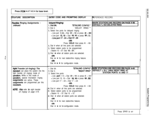 Page 103Press ITCM +k # 7 4 6 % for base level.
EATURE DESCRIPTION
lexlble Ringing Asslgnments -
Dntinued
light Transfer (of rlnglng): The
attendant can place the system into the
light transfer (of ringing) mode of
lperation. While in this mode of
operation, special line/station ringing
assignments are active. These
assignments are programmed per this
brocedure.
VOTE: Also refer to night transfer
(of ringing) on page 4-75.
TiNTRY CODE AND PROMPTING DISPLAYEFERENCE RECORD
STA/LINE CONFIG.”
?. Dial 2.“DELAY RING...