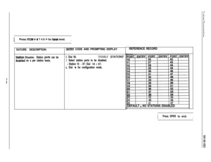 Page 118IPress ITCM +R # 7 4 6 +K for base level.I
‘EATURE DESCRIPTION
StatIon Dlsable: Station pork can be
disabled on a per station basis.
INTRY CODE AND PROMPTING DISPLAY
I. Dial 59.“DISABLE STATION!3
!. Select station ports to be disabled.
- Station 10 - 57: Dial 10 - 57.
1. Dial +k for configuration mode.REFERENCE RECORD
233955
244056
25
4157DEFAULT 
= NO STATIONS DISABLED
IPress SPKR to end.I 