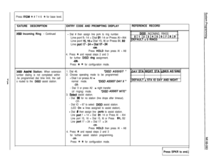 Page 120f
Y
Press ITCM % # 7 4 6 t for base level.
‘EATURE DESCRIPTIONENTRY CODE AND PROMPTING DISPLAYREFERENCE RECORD
1ISD Incoming Ring - Continued- Dial # then assign line pork to ring number.DISD INCOMING RINGSLine port 
1 - 14 = Dial 01 -14 or Press Al - Al4011 1213/415(6171819Line port 
15,16 = Dial 15, I6 or Press BI, 82DEFAULT = 0 RINGSLine 
port17-24=DialI7-24
-OR-
Press HOLD then press AI - A8
4. Press 
+k and repeat steps 2 and 3
for further 
DISD ring assignment.
-OR-
Press % % for configuration...