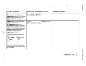 Page 125FEATURE DESCRIPTIONENTRY CODE AND PROMPTING DISPLAYREFERENCE RECORD
Base Level: The first step in any
xogramming sequence is to enter the
)ase level. Once in this mode, any
desired configuration can be set.Press 
ITCM Dial t # 7 4 6 +k
system Default: Two toll restriction1. Dial 70.“DEFAULT TOLL ”
:ables are defaulted with
2. Press #to default toll tables.
xe-programmed values and are
xe-assigned to the lines. They need
)nly to be assigned to the stations to put
them into effect. The defaulted tables
zan...
