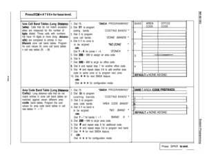 Page 135f
8
Press ITCM ++ # 7 4 6 * for base level.
1I
!one Call Band Tables (Long Disfancx
MIS): Calls that do not match exception
ables are measured for the number of
jigits dialed. Those calls with numbers
hat have 10 digits or more (long 
distanct
:alls) are compared to entries in four
different zone call band tables. Program
he cost values for zone call band tables
n call rate tables 25 
- 28.
Area Code Band Table (Long Distance
Calls): Long distance calls that do not
match entries in zone call band tables...