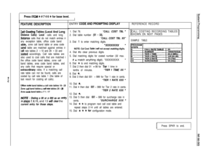 Page 136Press ITCM * # 7 4 6 % for base level.IFEATURE DESCRIPTION
Call Costing Tables (Local And Long
Distance Calls): Local calls and long
distance calls that do not match entries ir
any exception table, office code band
table, zone call band table or area code
aand table are matched against entries ir
:a! rate tables 2 - 10 and 29 - 33 and
zoosted accordingly. Call rate tables are
also used to cost calls that are matched i
the office code band tables, zone call
band tables, area code band tables, and
any...