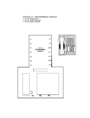 Page 158STATION 10 - PROGRAMMING OVERLAY
l Cut out along border.
l Cut out shaded openings.
l Fit over station faceplate.
92A4
A5
A6
A7
A6
A95x14
Al0PROGRAMMING
OVERLAY
All
3
BlAl2
A19Al‘
B2B3 