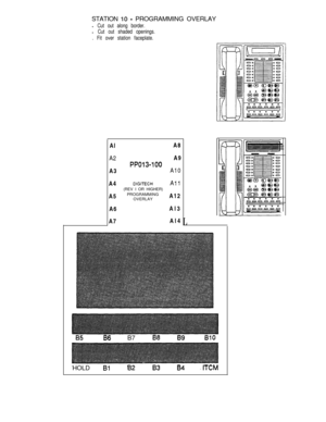 Page 159STATION IO - PROGRAMMING OVERLAY
l Cut out along border.
l Cut out shaded openings.
. Fit over station faceplate.Al
A2A3
A4
A5
A6
A7
PPOl3-100
DIG/TECH(REV I OR HIGHER)
PROGRAMMING
OVERLAYA8
A9
A10
AllA12
Al3
Al4
L
66 B708HOLD 
Bl8283 