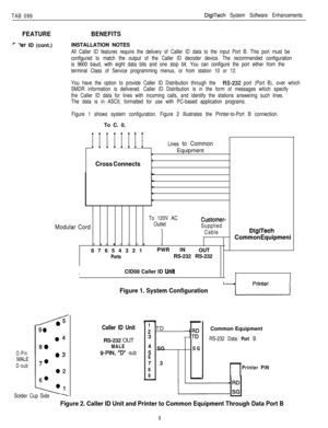 Page 204i TAB 099DigiTech System Software Enhancements
FEATURE
,- ‘rer ID (cont.)
BENEFITSINSTALLATION NOTES
All Caller ID features require the delivery of Caller ID data to the input Port B. This port must be
configured to match the output of the Caller ID decoder device. The recommended configuration
is 9600 baud, with eight data bits and one stop bit. You can configure the port either from the
terminal Class of Service programming menus, or from station 10 or 12.
You have the option to provide Caller ID...