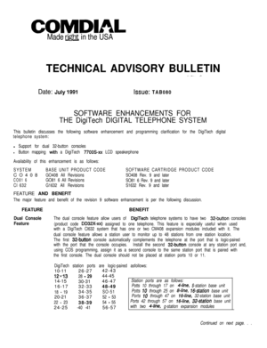 Page 215COMDlnL
Made m in the USA
TECHNICAL ADVISORY BULLETIN
Date: JUIY 1991ksue: TAB080
SOFTWARE ENHANCEMENTS FOR
THE DigiTech DIGITAL TELEPHONE SYSTEM
This bulletin discusses the following software enhancement and programming clarification for the DigiTech digital
telephone system:l
Support for dual 32-button consoles
l Button mapping with a DigiTech 7700s~xx LCD speakerphone
Availability of this enhancement is as follows:
SYSTEMBASE UNIT PRODUCT CODECO408
GO408 All Revisions
CO81 6GO81 6 All Revisions
Cl...