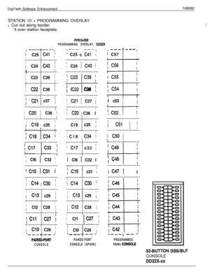 Page 218DigiTech Software EnhancementTAB080
STATION 10 
- PROGRAMMING OVERLAY
l Cut out along border.
‘it over station faceplate.
PPO16-000
PROGRAMMING 
OVERLAY, DD32X
---
t
---
f C57
\
I
/--- ---’ C25
t
Ml :
---__-__--
;; C25 C41 ,
II C24 C40 t
III
f C23 C39 /
I1
i C22 C38 j
: C24 1 C40 1
; C23 C39 
’
---I-; C22 C38 1
II; c21 c37 1II C21 1 C37 iI c53 1
G--t-T
I
i C20 C36 II/ C20 1 C36 ;
I1 Cl9 c35 ;
ICl9c35 ;.i c51 1 i
‘/: Cl8Ic34 tjI c50 j
p17 /c33 ;j Cl7c33f; c49I
--t-f; c40I1 Cl6 1 C32 Ii Cl6 1 C32 I
-cl5 1...