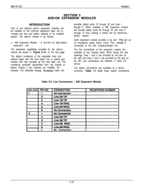 Page 57IMI 66-083Instalk:SECTION 3
ADD-ON EXPANSION MODULES
INTRODUCTION
One or two optional add-on expansion modules can
be installed on the common equipment base unit to
increase the line and station capacity of an installed
system. The add-on module is as follows:
l 408 Expansion Module - A four-line by eight-station
expansion unit
The expansion capabilities provided by the add-on
module are shown in 
Figure 3-14 on the next page.
The default numbering of the expanded lines and
stations begin with the next...