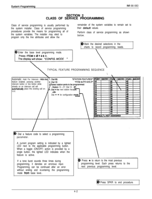 Page 68System’ProgrammingIMI 66-083SECTION 2
CLASS OF SERVICE PROGRAMMING
Class of service programming is usually performed by
the system installer. Class of service programming
procedures provide the means for programming all of
the system variables. The installer may elect to
program only the line attributes and allow theremainder of the system variables to remain set to
their 
defautt values.
Perform class of service programming as shown
below.
o
Mark the desired selections in the
charts to record...