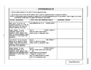 Page 70SYSTEM DEFAULTSl Mark the desired selections in the charts to record programming needs.
l Dial the feature code and then dial the selection code or press the programming button to program the selection.
NOTE: A current program setting is indicated by a lighted 
Lf D next to fhe programfning button for that selection.When a toggle (on/oH) action
is provided 
by a sing/e button, the lighted LED indicates an active feature.
FEATURE DESCRIPTIONENTRY CODE AND PROMPTING DISPLAYREFERENCE RECORD
Base Level: 
The...