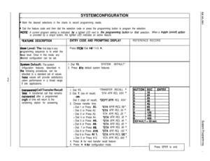 Page 71SYSTEM CONFIGURATION
Mark the desired selections in the charts to record programming needs.
Dial the feature code and then dial the selection code or press the programming button to program the selection.
IOZE: A current program setting is indicated by a lighted LED next to fhe pmgramming button for fhaf selection.When a fcggfe (on/ofl) acfion
is provided by a sing/e button, the lighted LED indicates an active feature.
eEATURE DESCRIPTION
base Level: The first step in any
rogramming sequence is to enter...