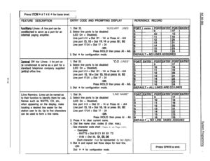 Page 81Press ITCM +k # 7 4 6 +k for base level.I
FEATURE DESCRIPTION
hxlliaty Llnes: A line port can be
:onditioned to serve as a port for an
sxterflal paging amplifier.
kWal Off Ice Llnes: A line port can
38 conditioned to serve as a port for a
standard telephone company supplied
zentrai office line.
Llne Names: Lines can be named as
to their function to identify them for use.
Names such as WATTS, CO, etc.,
when appearing on the display, make
locating a desired line easier for the
station user to do. Up to...