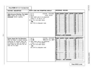 Page 91Press ITCM 3F # 7 4 6 % for base level.I
FEATURE DESCRIPTIONENTRY CODE AND PROMPTING DISPLAY
rolce Announce Blocklng: This feature
allows a station user to block voice
announced intercom signalling.
System Speed Dlal Toll Restrlctlon:
When this feature is enabled, previously
programmed toll restriction tables that
are assigned to a station are applied to
system speed dial calls when they are
made from the station.
1. Dial 53.“STATION FEATURES”
2. Dial 04.“VOICE BLOCK
3. Select station ports to be...