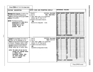 Page 92Press ITCM +% # 7 4 6 % for base level.
FEATURE DESCRIPTIONENTRY CODE AND PROMPTING DISPLAYREFERENCE RECORD
I
lessage Walt Orlglnate: A station that
programmed with this feature can
Dntrol the message waiting light at othe
lations in the system.
IOTE This feature must be
programmed at a station that is
designated as a central
message desk per 
the
procedure below.
ientral Message Desk: One station in
18 system can be designated as the
‘entral message desk and be arranged
Dr exclusive messaging waiting...