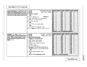 Page 96Press ITCM ++ # 7 4 6 % for base level.
“GRP. CALL PICKUP”4. Dial 1 -4forgp. 
1 -4“GROUPX w
5. Select station ports to be programmed:
- Station 10 - 57: Dial 10 - 57.
6. Dial * for next group
Dial 
t +K for next station feature.
Dial 
* +K * for configuration mode.
NOTE: To remove station from group, assign i? to group 0.
ntercom Hunt Group: Stations can be“STATION FEATURES”
“ITCM HUNT LINK ”
station to ring.
4. Select second linking station
- Station 10 - 57: Dial 10 - 57.
5. Disable a link, if desired,...