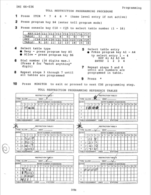 Page 34IMI 66-036 
Programming 
1 
2 
3 TOLL RESTRICTION PROGRAMMING PROCEDURE 
Press ITCM * 
7 4 6 * 
(base level entry if not active) 
Press program key B4 (enter toll program mode) 
Press console key Cl0 - 
~25 to select table number (1 - 16) 
4 
6 
6 
10 Sele 
ct table type 
l ; De 
l:, - press program key 85 5 Select table entry l Al l 
Press program key Al - A4 
- press program key B6 
tP select entry 1 - 4 
Dial number (16 digits max.) KEY Al A2 A3 A4 
ENTRY 1234 - 
(Press # for 
digit) match anything 
7...