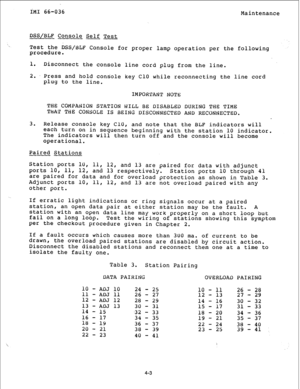 Page 56IMI 66-036 Maintenance 
DSS/BLF Console Self Test 
, Test the DSS/BLF Console for proper lamp operation per the following 
procedure. 
1. Disconnect the console line cord plug from the line. 
2. Press and hold console key Cl0 while reconnecting the line cord 
plug to the line. 
IMPORTANT NOTE 
THE COMPANION STATION WILL BE DISABLED DURING THE TIME 
THAT THE CONSOLE IS BEING DISCONNECTED AND RECONNECTED. 
3. Release console key ClO, and note that the BLF indicators will 
each turn on in sequence beginning...