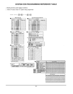 Page 26SYSTEM COS PROGRAMMING REFERENCE IABLE
l Shading denotes system default conditions.l
Check off values chosen for system being programmedEASE LEVEL 
@ (Iti> (7 (4 (6 a
3PAUSE TIMEHOLD RECAU. TIMEB3 
ID1 U B1LCDPnOriEi1BAUD 
RlTE FOR COS AND SMOR DATA
86 (BlA6LCDPHONE,
6
RECk,.TIME UNANSWERED CULTFUNSFER
887 (8’A7 81 LCDPHONE,II, -‘YEI E&-n”
9ST*TIONADJUNCT PORTTIPEB LINE SLFKEYSETOS/ELF CONSOLEII
3-5 