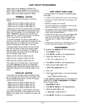 Page 36HUNT GROUP PROGRAMMINGStation ports can be assigned to intercom hunt
groups. When a station assigned to a hunt group is
busy, a call to it will ring at the next idle station in the
group. Typical hunt groups operate as follows:
TERMINAL HUNTING
Assume that a terminal hunt group is formed as
follows:
- Station port 013 is linked to station port 014
- Station port 014 is linked to station port 015
- Station port 015 is linked to station port 016.
If station port 013 and 014 are busy when an intercom
call...