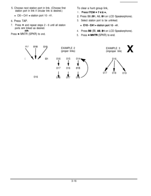 Page 375. Choose next station port in link. (Choose first
station port in link if circular link is desired.)
l Cl0 - C41 = station port 10 - 41.
6. Press TAP.
7.Press * and repeat steps 2 - 6 until all station
ports 
are linked as desired.
OR-
Press 
* MNTR (SPKR) to end.
EXAMPLE 1
EXAMPLE 2
(proper link)
(proper links)
To clear a hunt group link,1. 
PresslTCM*7466.
2. Press B8 (Bl, A8, Bl on LCD Speakerphone).
3.Select station port to be unlinked.
l ClO-041 =stationportlO-41.
4.Press 88 (Bl, A8, Bl on LCD...