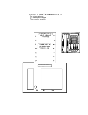 Page 48STATION 10 - I’ROGRAMMING OVERLAY
l Cut out along border.
l Cut out shaded openings.
l Fit over station faceplate.
Al
A2
A4
AS
A6
A7BlLCD SPEAKERPHONE
5x14 OVERLAY A6
FOR 14328
A9
A12Al3
Al4
B2t33 