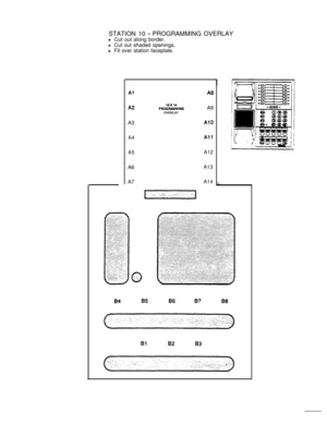 Page 49STATION 10 - PROGRAMMING OVERLAY
l Cut out along border.
l Cut out shaded openings.
l Fit over station faceplate.
AlA8
A210x14PROGRAMMlNa
OVERLAYA9
A3
A10
A4
All
A5A12A6
A13A7
A14
87BB8283 