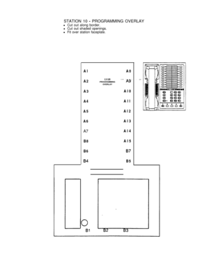 Page 51STATION 10 - PROGRAMMING OVERLAY
l Cut out along border.
l Cut out shaded openings.
l Fit over station faceplate.
1(3
BlAl
A2
A3
A4
A5
A6
A7B8
B6
84A0
5x20PROGRAMMING“-’ ‘A9.
OVERLAY
Al0
All
Al2
Al3
Al4
Al5
87B5 