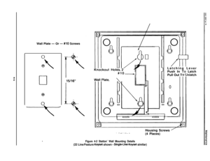 Page 59Wall Plate - Or -  Screws
/:I:Latching Le
ver
Push In 
70 Latch
Pull Out T
0
Housing Screws 
’.. _. -. . .._.(4 Places)
Figure 4-2 Statlon’ Wall Mounting Details
(22 Line/Feature Keyset shown - Slngfe-Line Keyset slmllar)
‘nlatch 