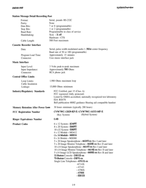 Page 12IiW66-068
Station Message Detail Recording Port
Format:
Parity:
Data Bits:
Stop Bits:
Baud Rate:
Handshaking:
Cable Length:
Cassette Recorder Interface
Data:Serial, pseudo RS-232C
None
7 or 8 (programmable)
1 or 2 (programmable)
Programmable in class of serviceXon 
-Xoff
Hardware - CTS
500 Feet maximum
Program Load Time:
Connector:Serial, pulse-width modulated audio 1 
SKhz center frequency
Baud rate of 50 or 100 (programmable)
Approximately 15 minutes
Uses music interface jack
Music Interface
Input...