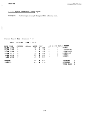 Page 132IMZ66-068Integrated Call Costing
3.13.15Typical SMDA Call Costing Report
Description:The following is an example of a typical SMDA call costing report.Station Report for Extension 
- 10
Date 
:DATE TIME
12/2816:05
12/2816:06
12/2816:08
12/2816: 11
12/2816:12
Z/2816:13
TOTp:
AVERAGES :
12/28/90Time:16:15
STATIONACCOUNT WGTH COST
100.9$0.50
101.881.35
101.5$1.12
101.5$2.50
100.5$1.00
101.1$0.50
5.8
$6.97
0.9$1.16I/O RING LINE 
-
012014567
0112017894567
0112014785693
012012014563
025551212
012012013...