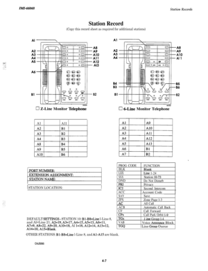 Page 149ZMZ-66068Station Records
Station Record
(Copy this record sheet as required for additional stations)Al 
\
z
A10
Al 1--DO0 o-- Al3
QQG3
84
83
B2Bl
86
B2Bl
0 Z-Line Monitor Telephoz0 6-Line Monitor TelephoneAl
All
III
PROG CODE
FUNCTION
BLKBlank
LXXLine 1-24
SXXStation lo-73
DND
Do Not Disturb
PRIPrivacy
IC2
Second Intercom1 STATION LOCATION:I
1 ACC
VABSAV
TGQ
ZPX
-AC
ACB
CF
CPX
TGx
1 Account Code
1 Voice Ann&nce Block
Save
1 Line Grow Oueue
Zone Page l-3
All Call
Automatic Call Back
Call Forward
Call Park...