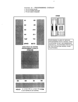 Page 173. . . .
PSTATION 10 
- PROGRAMMING OVERLAY
l Cut out along border.
l Cut out shaded openings.
l Fit over station faceplate.
Al
A2
A3
A4
TAP
SPKR
A9
A10All
T/C
MUTE
EXECUTECH XE SYSTEM
PROGRAMMING OVERLAY
PPoo3402
9394B596
HOLDAS (OTHER COB) Al2 (OTHER COB) ITCM
Bl (KEY MAPPING) 82 (KEY MAPPING)
6706XPERFORMING CLASS OF SERVICE
PROGRAMMING WITH A MODEL 6706X
TELEPHONE IS NOT RECOMMENDED
UNLESS ALL TELEPHONES INSTALLED
IN THE SYSTEM ARE MODEL 6706X
TELEPHONES. 