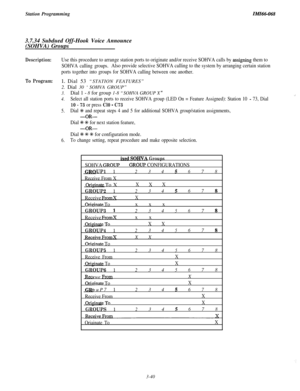 Page 94Station ProgrammingIMI66-0683.7.34 Subdued Off-Hook Voice Announce
(SOHVA) Groups
Description:Use this procedure to arrange station ports to originate and/or receive SOHVA calls by assigning them to
SOHVA calling groups.Also provide selective SOHVA calling to the system by arranging certain station
ports together into groups for SOHVA calling between one another.
To Program:1. Dial 53 “STATION FEATURES”
2. Dial 30 ‘SOHVA GROUP”
3.Dial 1 - 8 for group 1-8 “SOHVA GROUP X ”:4.Select all station ports to...