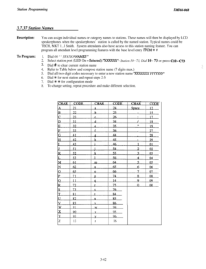 Page 96Station ProgrammingIMI66-068
3.7.37 Station Names
Description:You can assign individual names or category names to stations. These names will then be displayed by LCD
speakerphones when the speakerphones’ station is called by the named station. Typical names could be
TECH, MKT 1, J Smith.System attendants also have access to this station naming feature. You can
program all attendant level programming features with the base level entry 
ITCM % #
To Program:1.Dial 06 “‘STATION NAMES ”
2.Select station port...