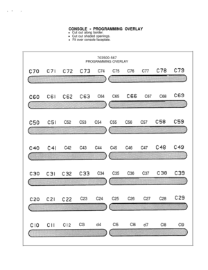 Page 60CONSOLE - PROGRAMMING OVERLAYl Cut out along border.
l Cut out shaded openings.
l Fit over console faceplate.
703500-567
PROGRAMMING OVERLAY
C70 C7l C72 c73 C74 C75 C76 C77 C78 c79
C60 C6l C62 C63 C64 C65 C66 C67 C68 c69
C50 C5l C52 C53 C54 C55 C56 C57 C58 c59
C40 C4l C42 C43 C44 C45 C46 C47 C48 c‘+g
c30 c31C32 c33 C34 C35 C36 C37 C38 c39
c20 C2lC22 C23 C24 C25 C26 C27 C28 (29
Cl0CIICl2Cl3 cl4 Cl5 Cl6
cl7 Cl8 Cl9 