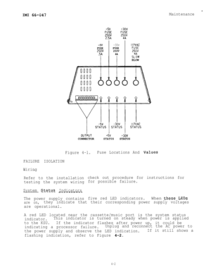 Page 63IMI 66-047
+5V+3ov
E%vE2.5A4A
-5V
-30vIf7VACFUSEFUSE
*.zY250VEVE4ASSWBLOW
I
.
Maintenance
OUTPUT+iV+3bVCONNECTORSTATUSSTATUS
Figure 4-l.Fuse Locations And Values
FAILURE ISOLATION
Wiring--
Refer to the installation
testing the system wiring
System 
St_a_t_u_s_ Indicators----m----e
The power supply containsfive red LED indicators.When 
thesesLEDs
are on,they indicate that their corresponding power supply voltages
are operational.check out procedure for instructions for
for possible failure.
A red LED...