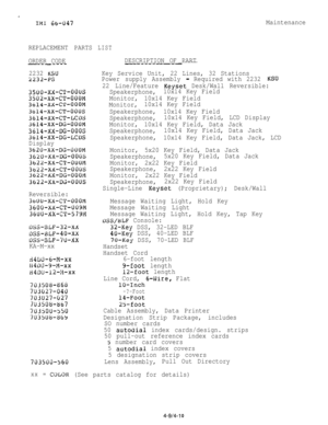 Page 70.
IMI 6b-i)47Maintenance
REPLACEMENT PARTS
ORDER CODE
--_----
2232 KSU
2232-PS
35OO-XX-C~-00uS
3502-XX-CT-OOOM
3614-XX-CT-OOOM
3614-XX-CT-000s
3614-XX-CT-LCDS
3614-XX-DG-OOOM
3614-XX-DG-OOOS
3614-XX-DG-LCDS
Display
3620-XX-DG-OOOM
3620-XX-DG-OOOS
3622-XX-CT-OUUM
3622-XX-CT-000s
3622-XX-DG-OOOM
3622-XX-DG-000s
Reversible:
3uUU-XX-CT-OOOM
3600-XX-CT-009M
36UO-XX-CT-579M
DSS-BLF-~~-XA
DSS-i3LF-40-Xx
DSS-3LF--/U-XX
KA-M-xx
il4DU-~-M-XX
H4DU-5-M-xX
H4D~-12-M-xx
703508-868
733027-040
703U27-027
7U3508-bS7...