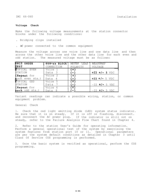 Page 36IMI 66-060
InstallationVoltage Check
Make the following voltage measurements at the station connector
blocks under the following conditions:
. Bridging clips installed
. 
AC power connected to the common equipment
Measure the voltage across one voice line and one data line and then
across the other voice line and the other data line for each even and
odd station.The measured voltage must be as follows:
METER LEADMEASURED
CONNECTION
POLARITYVOLTAGE
YPICAL EVENVoice 1
(+ISTATIONData 3C-1+33 +/- 5 VDC...