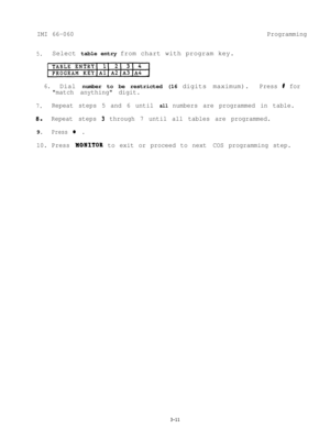 Page 47IMI 66-060Programming
5.Select table entry from chart with program key.
6.Dial number to be restricted (16 digits maximum).Press f for
match anything digit.
7.Repeat steps 5 and 6 until all numbers are programmed in table.
8.Repeat steps 3 through 7 until all tables are programmed.9.
Press l .
10. Press HOIITOB to exit or proceed to next COS programming step.
3-11 