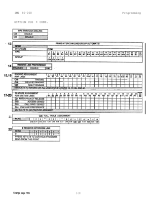 Page 74IMI 66-060
Programming
STATION COS 
- CONT.RINGING LINE PREFERENCE
.FOR LINES,Bl 82 B3 84 BS, - , -, - , ”, -*86,87, ” ,B8A7 A14 A6 A13 A5 A12 A4 All A3 Aln G= ., I”, II, IL, 80, I-, IJ, IO, I,, IO,r9 ;; g8i iii i iI
21C25 TOLL TABLE ASSIGNMENT
j!iiil~~Eii~~~~~~~~~l,12131415161,18191,O1,,1,21,.J1,41,51,6
Cl0 Cl1 Cl2 Cl3 Cl4 Cl5 Cl6 Cl7 Cl8 Cl9 C20 C2l C22 C23 C24 c25.
 . . . . . . . .. ...:. . . . .. . . . . . . . . ..,... . . . ,.,...,...... . . . . . . . . . . . . . . . . . . . . . . . . . . . . . . ....