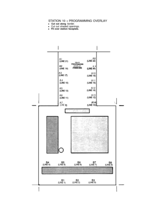 Page 76STATION 10 - PROGRAMMING OVERLAY
l Cut out along border.
l Cut out shaded openings.
l Fit over station faceplate.
A7
(LINE9)
(LINE)(LIN&(LINBE66)(LIN!?)(LINE,
(LINBE:)(LIN?:)(LIN&)Al
(LINE 21)A2
(UNE 19)A3
(LINE 17)
A4(LINE 15)A8
10x14
(UN-E 2)
PROGRAMMlffi
OVERLAYA9
WE 20)A10
(LINE 18)All
(LINE 16)A5
(LINE 13)A6
(LINE 11)Al2
(LINE 14)Al3
(LINE 12) 