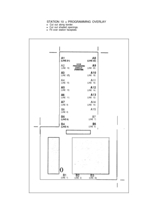 Page 78STATION 10 - PROGRAMMING OVERLAY
l Cut out along border.
l Cut out shaded openings.
l Fit over station faceplate.
-*-
A2(LINE 19)A3
(LINE 17)
A4(LINE 15)A5
(LINE 13)A6
(LINE 11)A7
(LINE 9)
6X20PROORAMMINQA9OVERLAY(LINE 20)A10
(LINE 18)All
(LINE 16)Al2
(LINE 14)Al3
(LINE 12)Al4
(LINE 10)
B8A15(LINE 8)
B7(LINE 7)B5
(LINE 5)I-
0
Bl(LINE 1)
(LINE 2)(LINE 3) 